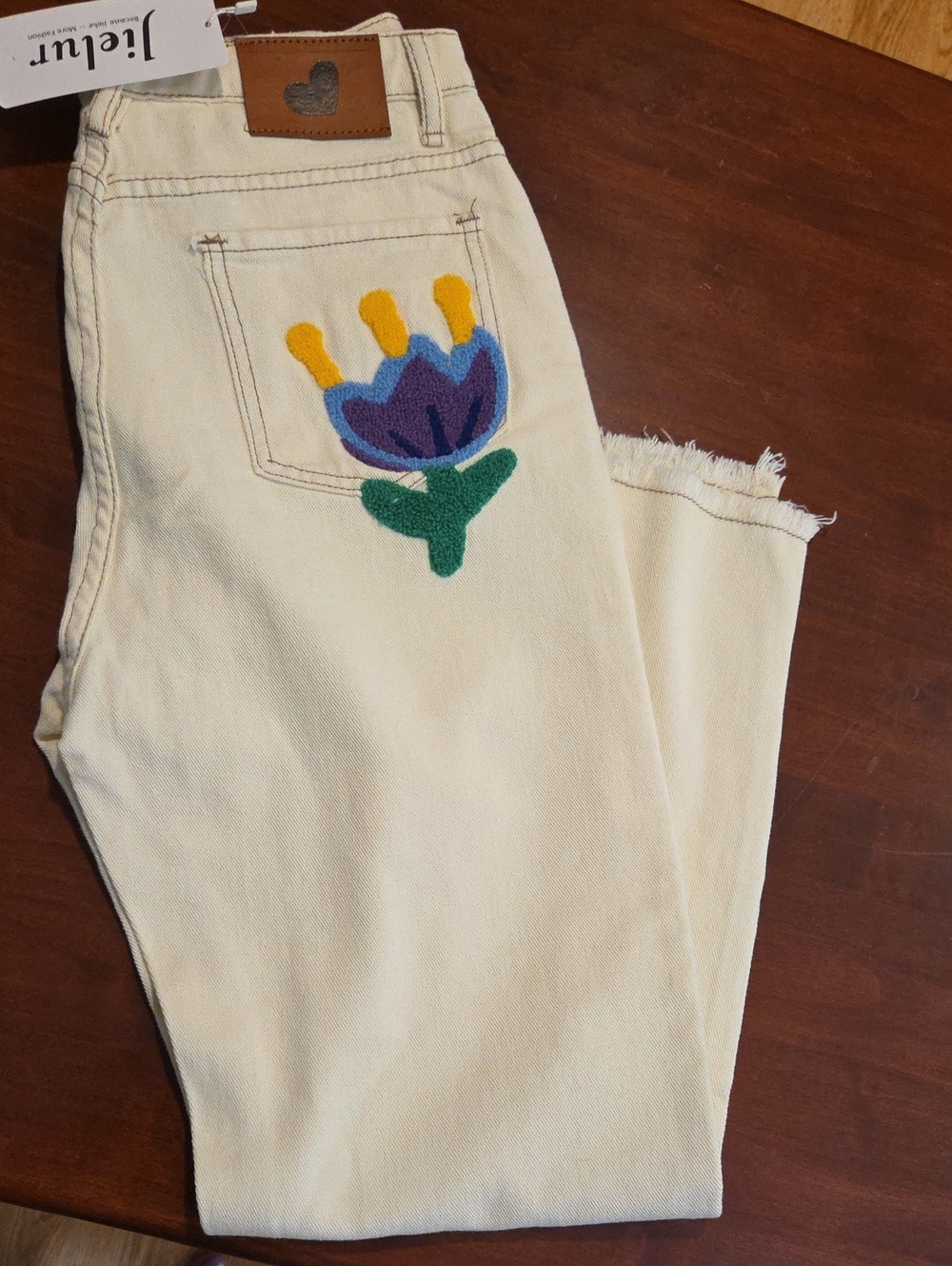 Cream Women's Jeans with Floral Embroidery